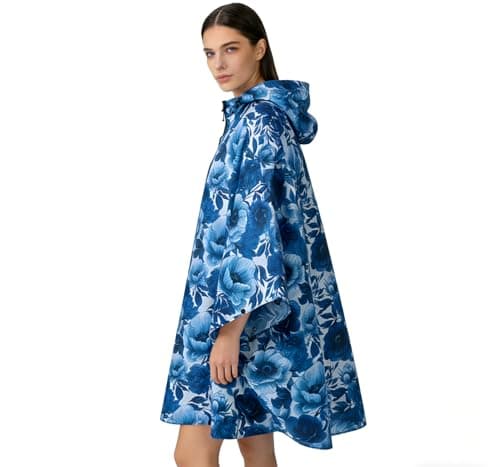 Royalotic Rain Poncho Reusable Adult Waterproof Raincoat with Hood and Zipper, Lightweight Packable Rain Jacket Cape with Pocket for Men and Women (Blue Flower, One Size) — view 2