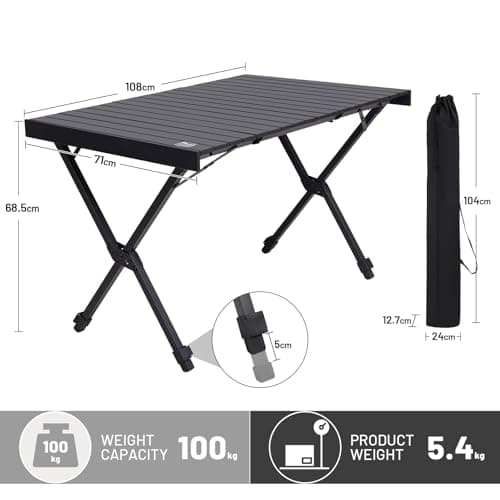 TIMBER RIDGE Folding Camping Table Roll up Height Adjustable 108x71cm Black — view 3
