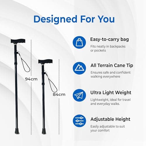 Life Healthcare Folding Walking Stick, Adjustable Aluminium Cane, Black — view 5