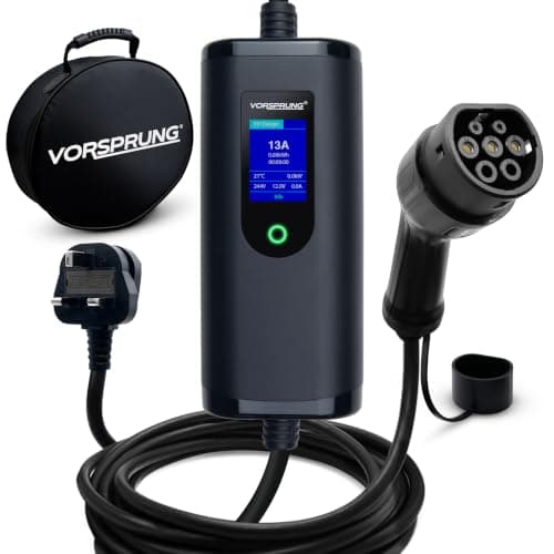 VORSPRUNG® Portable Type 2 EV Charger – 10 Metre EV Charging Cable with Digital Control Screen, UK 3 Pin Plug, T2 Female Connector, Adjustable 6A 8A 10A 13A, Free Carry Case (10M)