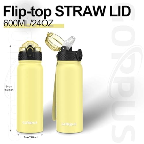 GOPPUS 600ml/20oz Stainless Water Bottle with Straw Double Wall Insulated Bottles with Strap One Hand Open Vacuum Thermal Flask with Flip Top Lid Leakproof Keep Cold Drinks BPA Free (Yellow) — view 4