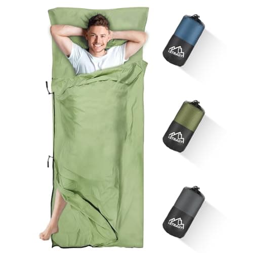 LSTRAGY Sleeping Bag Liner with Pillow Slot,Portable Lightweight Sleeping Bag Liners with Two Way Zippers,220x95cm Travel Sheet for Backpacking, Hostels, Huts Camping Essentials(Green)