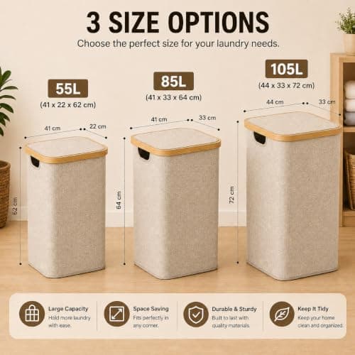 Bamboo Laundry Basket, Removable Bag, Foldable Clothes Hamper, Beige, 55L — view 4