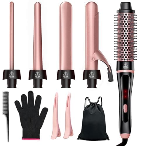 5 in 1 Curling Iron, Hair Curling Wand Set with Thermal Brush and 4 Interchangeable Ceramic Curling Wands (0.35'' -1.25'') Fast Heat Up Dual Voltage Hair Curler for Women All Hair Types and Travel Use