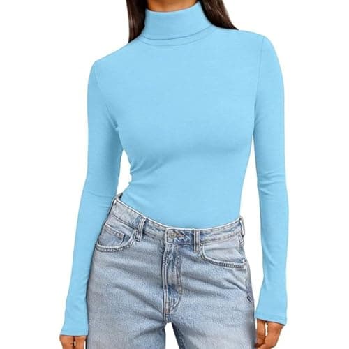 Long Sleeve Tshirt Women Thermal Polo Neck Soft Warm Slim Fit Plain Jumpers Base Layer Yoga Underwear Lightweight Stretch Basic Pullover Top Sports Tight Undershirt 2026 Sky Blue — view 5