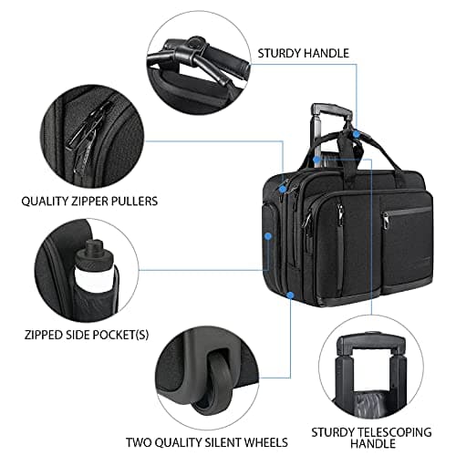 VANKEAN 17.3 Inch Rolling Laptop Bag for Men，Stylish Carry on Briefcase Laptop Case Water-Proof Overnight Rolling Computer Bag with RFID Pockets Laptop Bags for Travel/Work/School-Black — view 6