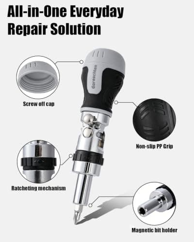 Gareschten 7-in-1 Multi-Angle Ratchet Screwdriver Set, 180° Pivoting Pocket Screwdriver with 6 CRV Bits (PH/SL/Torx) Inside Handle, Professional Compact Stubby Screwdriver Tool for Tight Spaces — view 5