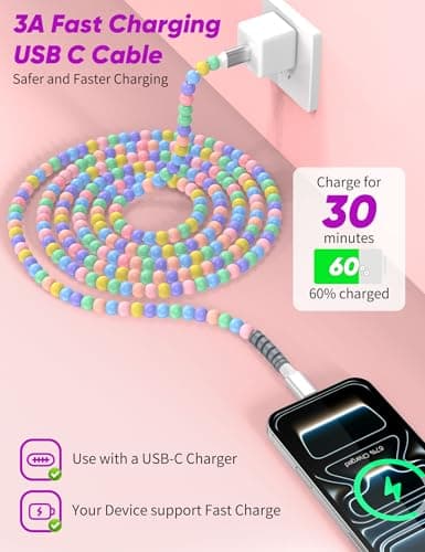 ACOCOBUY USB C to USB C Cable 2m Cute Beaded Phone Charger Cable Colorful — view 2