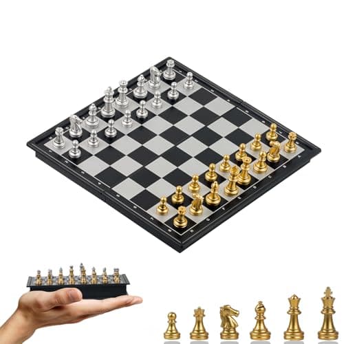 KOKOSUN Travel Chess Set, Magnetic Folding Mini Chess Board Game, Gold and Silver Pieces, Educational Toys/Gift for Kids and Adults (20×20cm)
