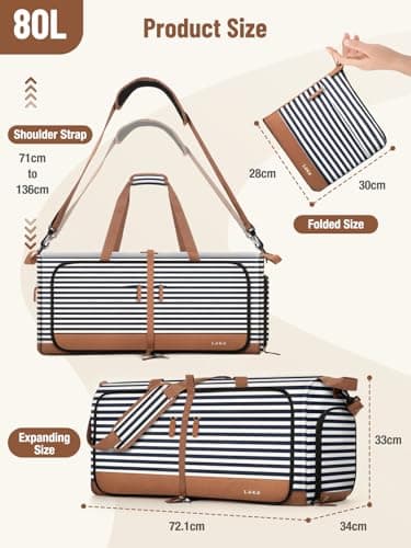Lekesky Large Foldable Travel Duffe Bag - 80L Waterproof Holdall Luggage Bag with Shoes Compartment, Weekend Overnight Sports Bag for Women and Men(Striped, 72 * 33 * 34cm) — view 3