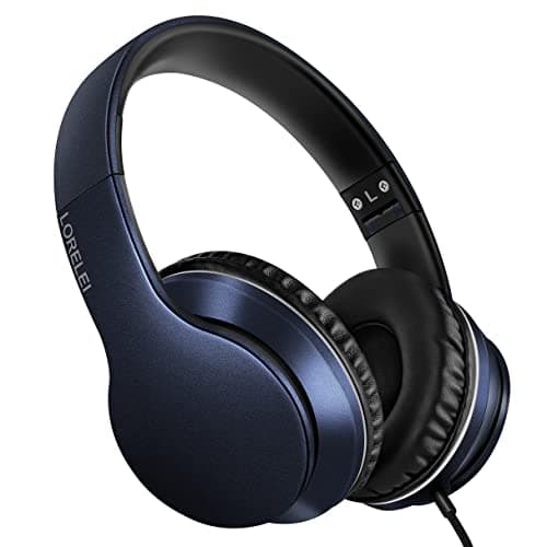 LORELEI X6 Over-Ear Headphones With Microphone, Lightweight Foldable & Portable Stereo Bass With 1.45M No-Tangle, Wired for Smartphone Tablet MP3/4 (Dark Blue)