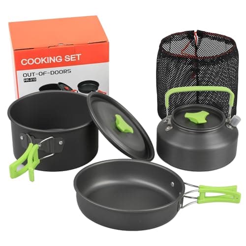 Hoquare Camping Cookware Set, 3pcs Nonstick Outdoor Aluminum Lightweight Camping Pan and Pot Set, Portable 2-3 People Camping Cooking Kit for Travel, Camping, Hiking, Picnic, BBQ,Green