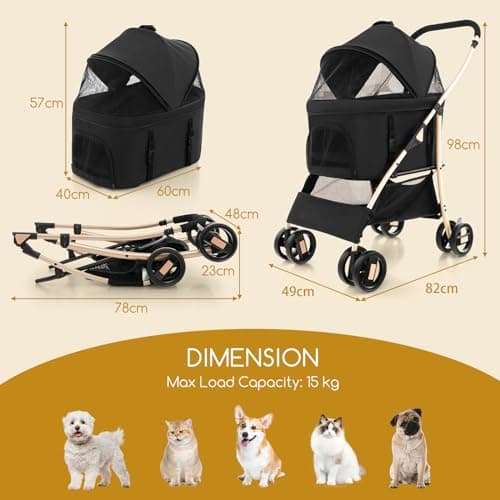 COSTWAY 3 in 1 Pet Stroller, Folding Dog Strollers with Detachable Car Seat Carrier, Adjustable Canopy, Storage Basket, 4 Wheels Travel Pushchair for Small Medium Dogs Cats (Black+Gold) — view 6