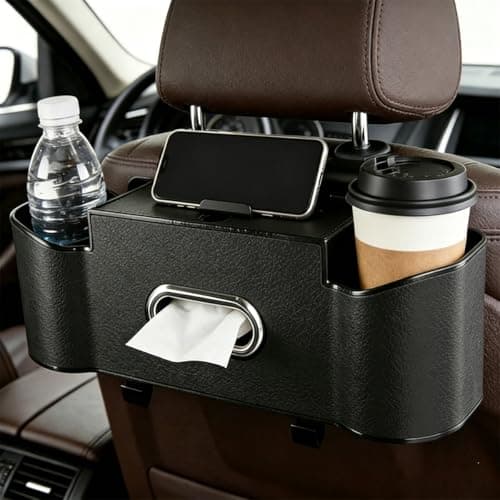 Joezhe 4 in 1 Back Seat Car Organizer with Cup Holder, Tissue Box, Phone Holder and Hooks, Car Headrest Storage Box for Kids and Family Travel, Leather and Plastic, Black