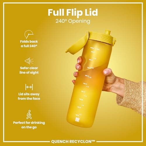 ION8 1 Litre Water Bottle, Leak Proof, Flip Lid, Carry Handle, Rapid Hydration, Dishwasher Safe, BPA Free, Contoured Grip, Ideal for Travel, Gym & Activity, Carbon Neutral Recyclon, 32 oz, Yellow — view 4