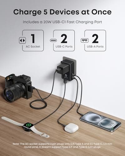 Anker Universal Travel Adapter 5-in-1 for UK/EU/US/AU, 20W USB-C + 4 USB Ports, Compact Power Plug Converter with AC Socket for 200+ Countries | Ideal for UK Travel & EU Expats (Black) — view 3