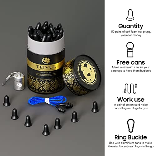 TEIVUL Soft Foam Ear Plugs 50 Pairs,Hearing Protection 38dB,Ear Plugs for Sleeping and Noise Cancelling,Ear Plugs for Travel,Work,Study, Concerts, Black, 100.0 count — view 2