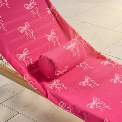 OHS Bow Print Sunbed Towels with Pockets Quick-Dry Absorbent Large Beach Towel in a Bag & Beach Pillow Inflatable Sun Lounger Bolster Pillow Microfibre Travel Summer Holiday Essentials Bundle, Pink — view 4