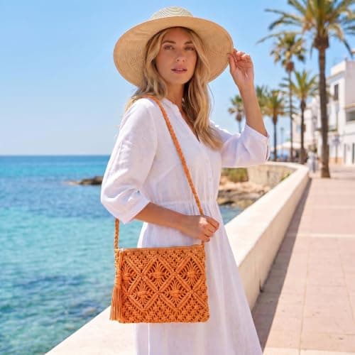 Sahunfri Straw Crossbody Bag for Women Bohemian Shoulder Bag Woven Crochet Purse For Summer Beach Travel Clutch Handbag (Orange) — view 3
