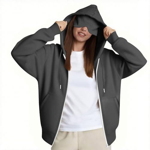 Womens Travel Hoodie with Eye Mask,Hoodies for Women Oversized Hoodie Zip Up Sweatshirts Plain Sweatshirt Jacket Casual Long Sleeve Coat with Pockets Autumn Thermal Fleece OuterwearLadies Outfit — view 5