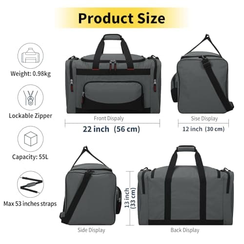 55L Large Sports Holdall Bags for Men, 22 Inch Gym Duffle Bag with Multi Pockets, Travel Fitness Weekend Overnight Bag - Dark Grey — view 2