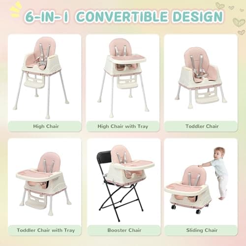 LALAHO 3-in-1 Baby High Chair W/ 5-Point Harness and Locking Wheels, Pink — view 2