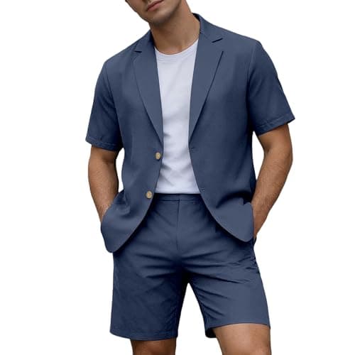 RUMAOZIA Men's Linen Summer Lightweight Suits Short Summer Shirt Set Figure-Shaping Travel Linen Suit Urban Breathable Expedition Oversize Short Sleeve Suit Beach Two Piece Leisure Suit, O Navy, M
