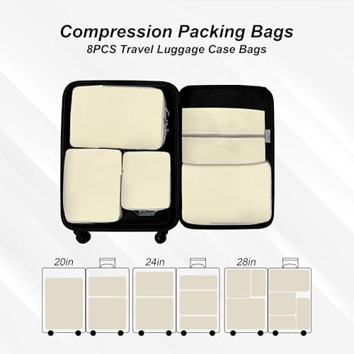 White Hawk 8-Pcs Compression Packing Cubes for Suitcases – Waterproof Diamond Polyester, No Mesh, Space-Saving Luggage Organiser, Travel Bags for Suitcases, Backpacks & Carry-Ons (Beige) — view 6