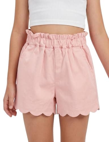 Spring&Gege Girls' Summer Shorts, Elastic Waist with Ruffled Hem & Side Pockets,Soft Cotton Shorts for Back-to-School Season Outdoor Activities, Beach & Casual Attire(Pink,11-12 Years)