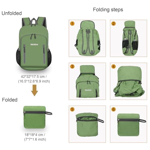 Bekahizar 20L Ultra Lightweight Backpack Foldable Hiking Daypack Rucksack Water Resistant Travel Day Bag for Men Women Kids Outdoor Camping Mountaineering Walking Cycling Climbing (Green) — view 3