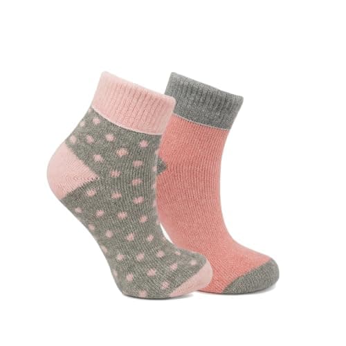 Women's Thermal Socks 2 Pack Thick Warm Boot Socks with Soft Cushioned Knit Cosy Winter Ankle Socks in Polka Dot & Plain Design (Pink)