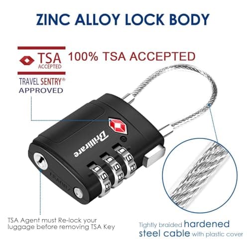 2 Pack TSA Approved Luggage Locks, Combination Travel Cable Suitcase Padlock with Alloy Body, Metal 3-Digit Waterproof Lock, TSA Accepted Outdoor Keyless Resettable Lock for Lockers, Bags, Gym-Black — view 3
