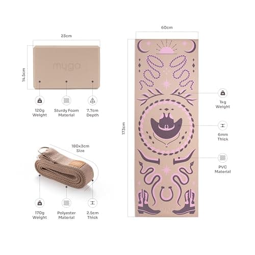 MYGA Yoga Starter Set - 6mm Non-Slip Yoga Mat, Yoga Block and Strap - Starter Kit for Beginners in Pilates, Exercise and Fitness - Choice of Design (Cowgirl) — view 2