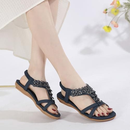 Amissz Women Sandals Flat Shoes Comfort Walking with Non Slip on Casual Summer Beach Sandals Dress Ankle Elastic Open Toe Rhinestone Bohemian Navy blue Size 7 — view 3