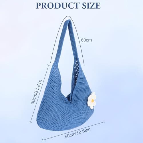 Hittriu Crochet Beach Bags for Women, Hollow Crochet Mesh Tote Bag, Coffee Hobo Beach Shoulder Bag Handbag for Seaside Holiday Travel Daily Shopping (Blue) — view 5
