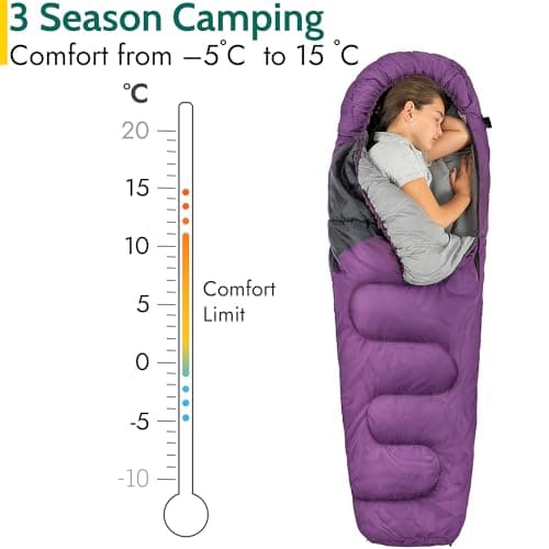 Trail Kids Sleeping Bag Mummy Shape 3 Season Camping 300gsm Boys Girls with Lightweight Rucksack Bag (Purple) — view 3