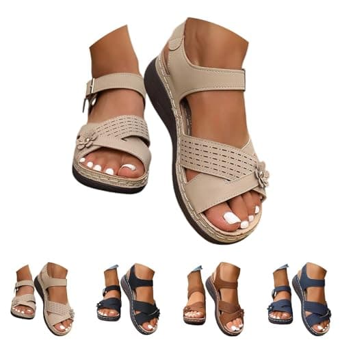 Orthopedic Sandals for Women UK Plantar Fasciitis Comfort Wedge Sandals Open Toe Ankle Strap Sandal Summer Wide Fit Cushion Walking Shoes Ladies Casual Summer Sandal with Arch Support 2-Khaki, 6 — view 4