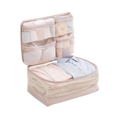 Compression Packing Cubes, 5-in-1 Hanging Travel Organizer Set (Pink)