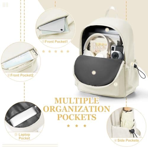 WEPLAN School Backpack Womens Secondary School Bag for Girls Boys Teenage College Rucksack Bag for Women Lightweight Casual Daypacks Bookbag Waterproof 14 inch Laptop Backpack Work Travel,F3-Beige — view 4