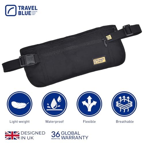 Travel Blue Ultra Slim Money Belt - Bum Bag & Passport Holder Travel Wallet for Men & Women, Conceal Cash, Credit Cards, Documents, Lightweight & Breathable with Adjustable Strap, 100% Polyester — view 3