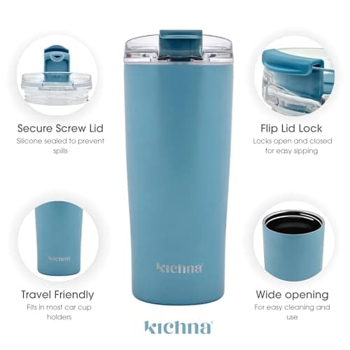 Kichna Brewer Travel Coffee Tumbler with Flip Lid Lock | Double Walled Stainless Steel Vacuum Travel Mug | BPA Free Lid Leak & Spill Proof | Keep Cold for 14Hrs or Hot for 3Hrs 550ml - Powder Blue — view 2