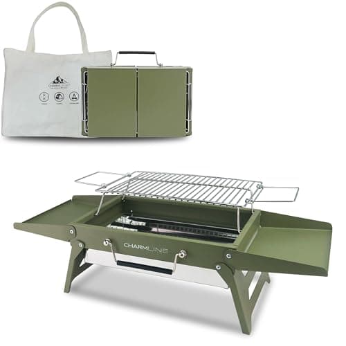 Charmline 34 x 23 cm Portable Charcoal BBQ Grill, Foldable Compact Camping Barbecue for 1–3 People, Ideal for Garden, Beach, Picnic & Tabletop Use, Green