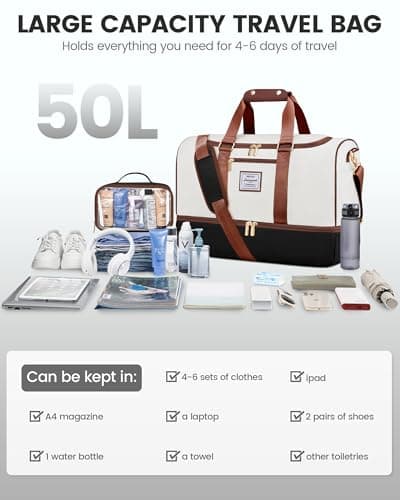 LOVEVOOK Travel Bags for Women, 50L Large Weekend Hospital Overnight Holdall with Toiletry Bag, Gym Yoga Bags with Shoe Compartment & Wet Pocket, Carry On Hand Luggage Bag for Travel Sports — view 5