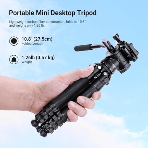 NEEWRE Carbon Fiber Desktop Mini Tripod for Camera, Tabletop Portable Travel Tripod with Video Fluid Head, QR Plate for TikTok DSLR Action Camera Video Recording Streaming, Max Load 6.6lb/3kg, TP10 — view 2