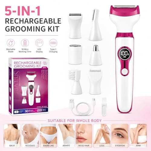 Lady Shavers for Women 5-in-1, MAVYRO Bikini Trimmer for Women with Facial, Nose and Eyebrow Trimmers, IPX7 Waterproof Wet & Dry Electric Shaver for Legs, Arms, Underarms, Face and Bikini Line — view 2
