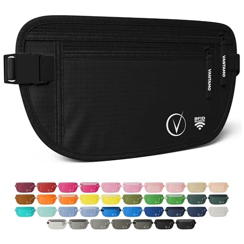 Vantamo Bum Bag with RFID, Ultra-Thin Money Belts for Travel Hidden Men, 2 Compartment Fanny Pack for Women Fits Passport & Phone to Protect Valuables, Waist Bag for Traveling, Hiking & Walks