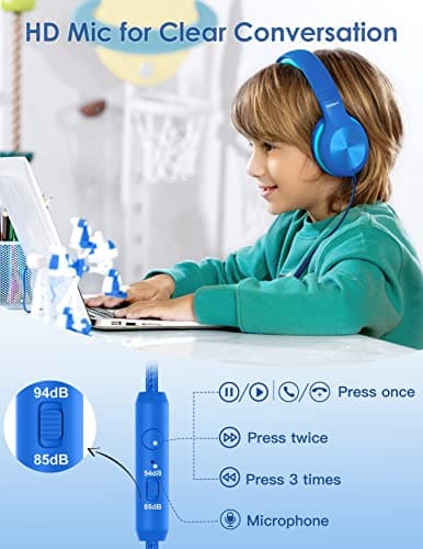 Nabevi Kids Headphones, Childrens Headphones with Microphone, 85dB/94dB Volume Limit, HD Sound, Sharing Function, Wired Headphone for Kids, Adjustable Toddler Headphone for School/Travel/Tablet, Blue — view 4
