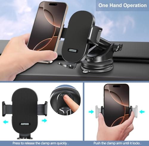 Arteck Car Mount, Universal Mobile Phone Car Mount Holder 360° Rotation for Auto Windshield and Dash, for Cell Phones Apple iPhone 16, Plus, Pro, Pro Max, 15, 14, 13, 12, 11, SE, Android Smartphone — view 4