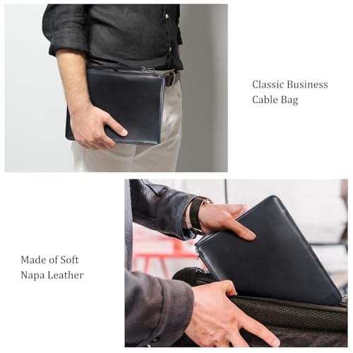 Polare Napa Leather Travel Cable Organizer Case Electronics Accessories Carry Bag with YKK Zippers Tech Storage Bag for Cables, Power Bank, USB, SD Card, Travel Essentials(Black) — view 4