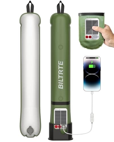 BILTRITE Solar Camping Lights, Rechargeable, 3 Modes, IP66 Waterproof, Inflatable for Hiking, Backpacking, Survival, Collapsible Tent, Portable Lanterns for Power Outage